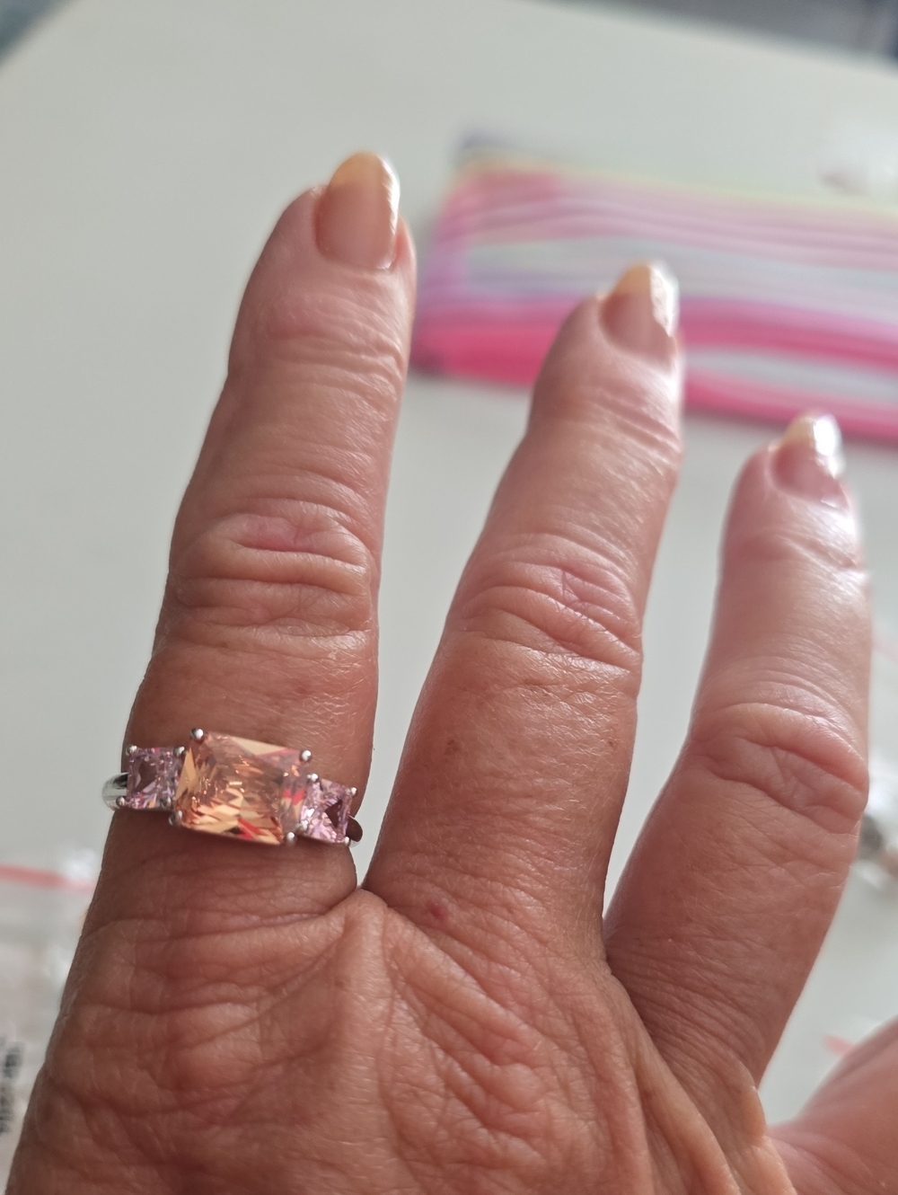 bp Pink Three-Stone Ring with Silver-Tone Band